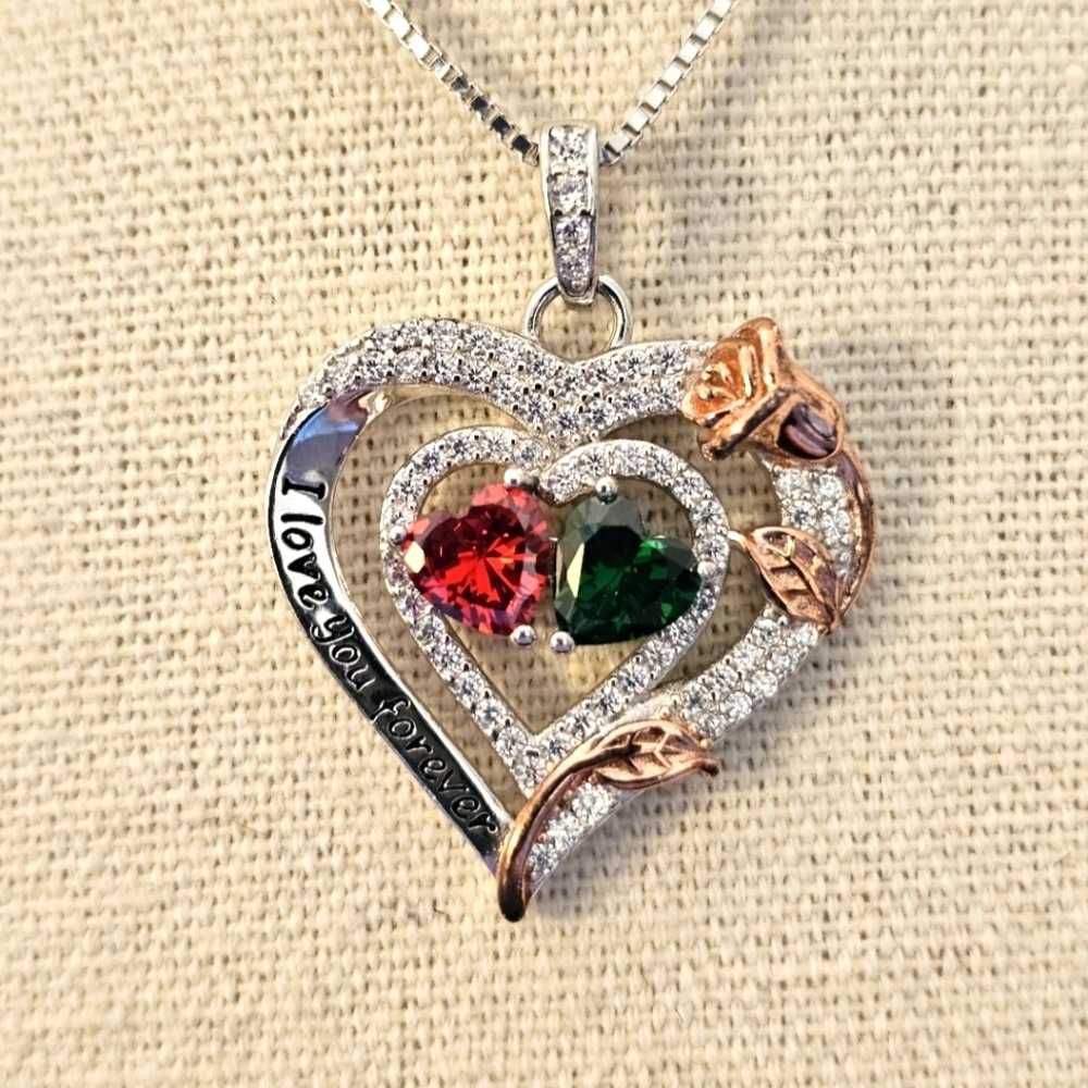 NEW 925 Silver Red Green Heart Pendant Necklace Rose Gold N1P81